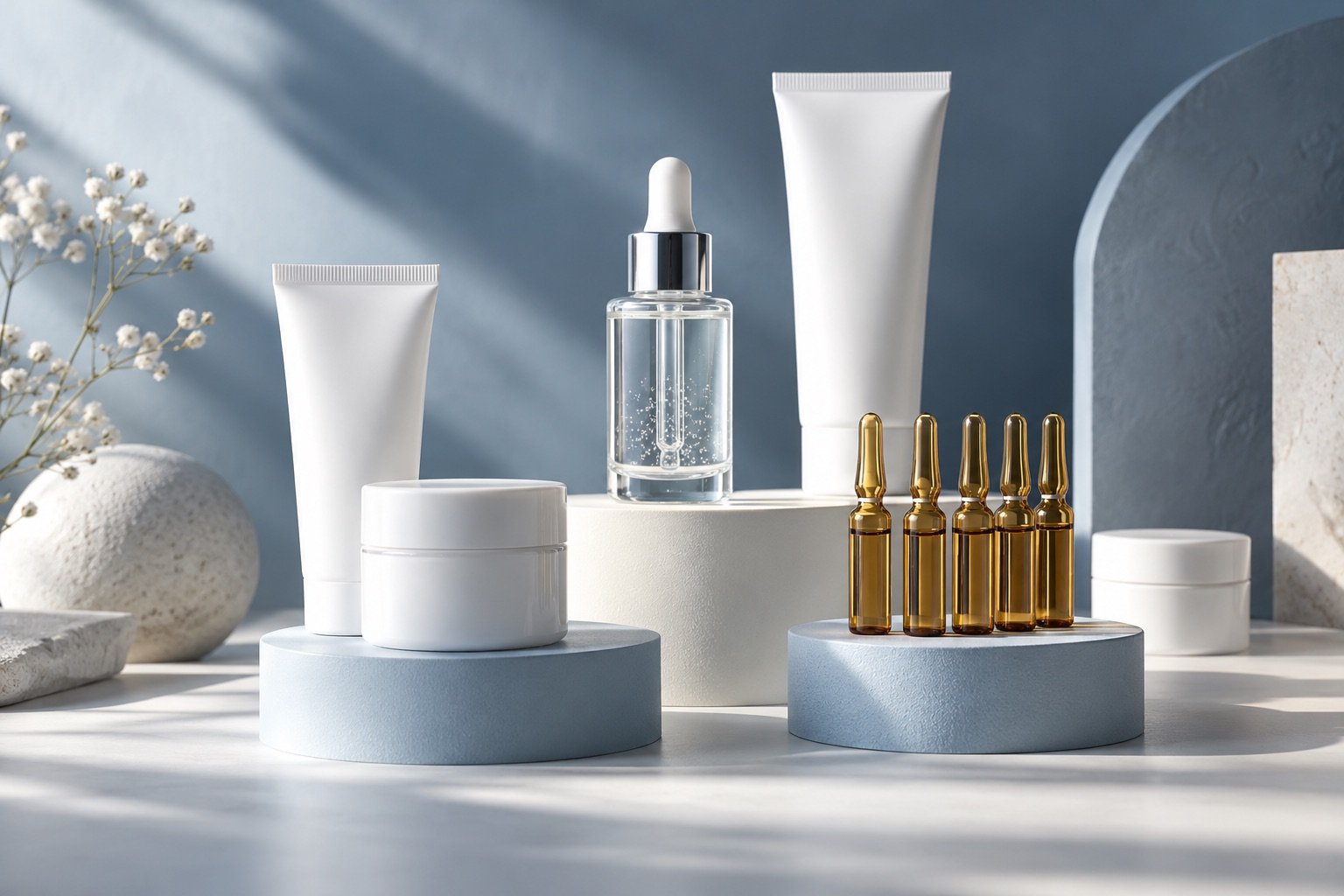 Composición editorial de cosméticos y ampollas para estética profesional